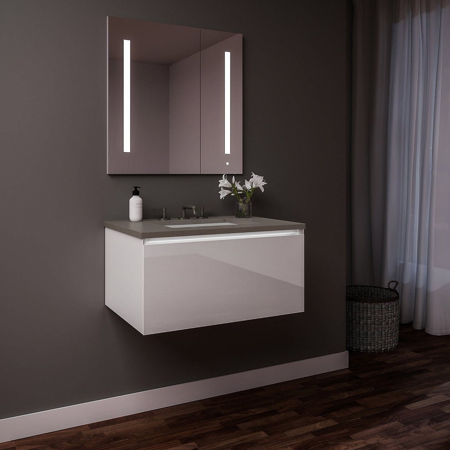 Curated Cartesian 24" x 15" x 21" single drawer vanity in white glass with slow-close plumbing drawer, night light and Engineered Stone 25" vanity top in stone gray (Silestone expo grey)