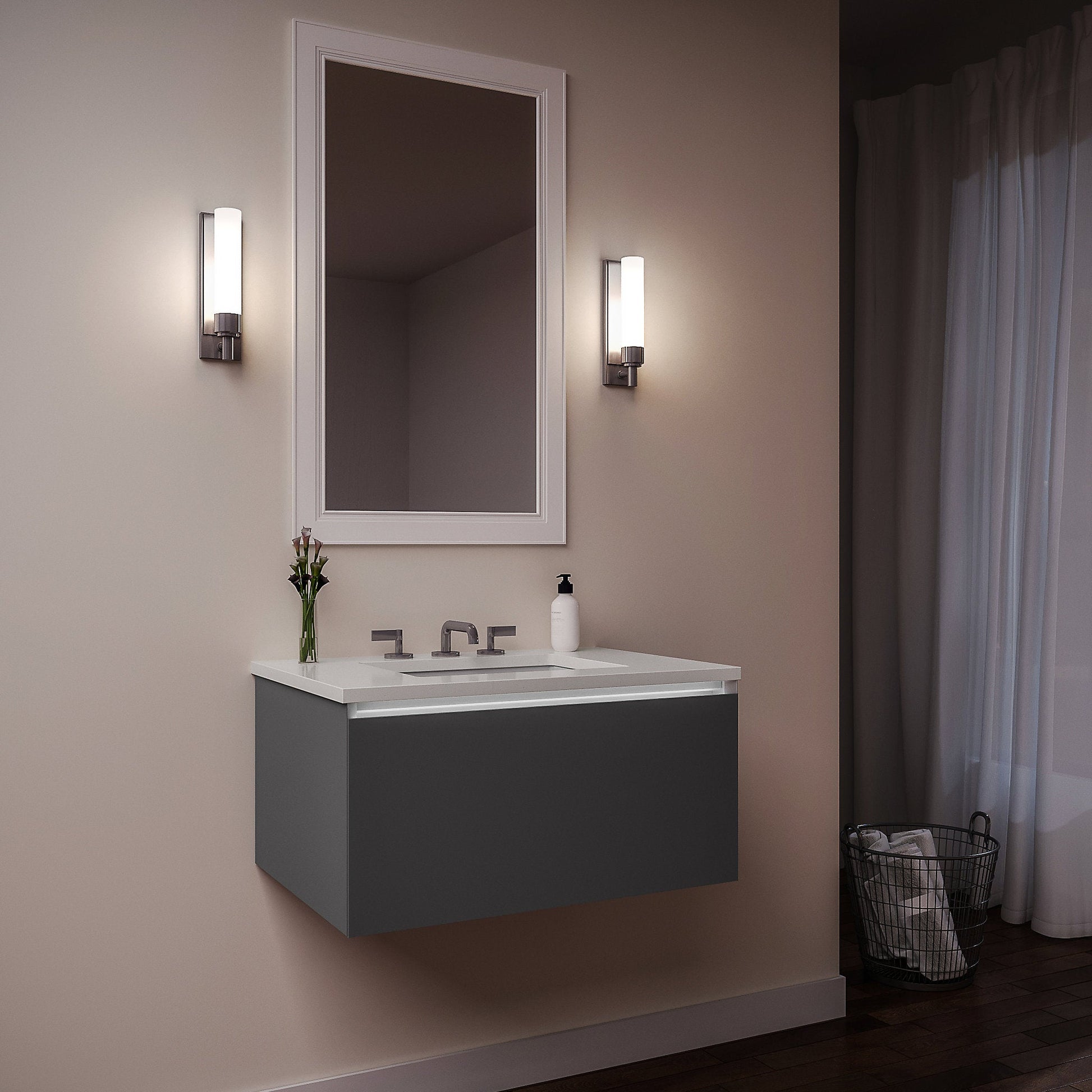 Curated Cartesian 24" x 15" x 21" single drawer vanity in matte gray glass with slow-close plumbing drawer, night light and Engineered Stone 25" vanity top in quartz white (Silestone white storm)