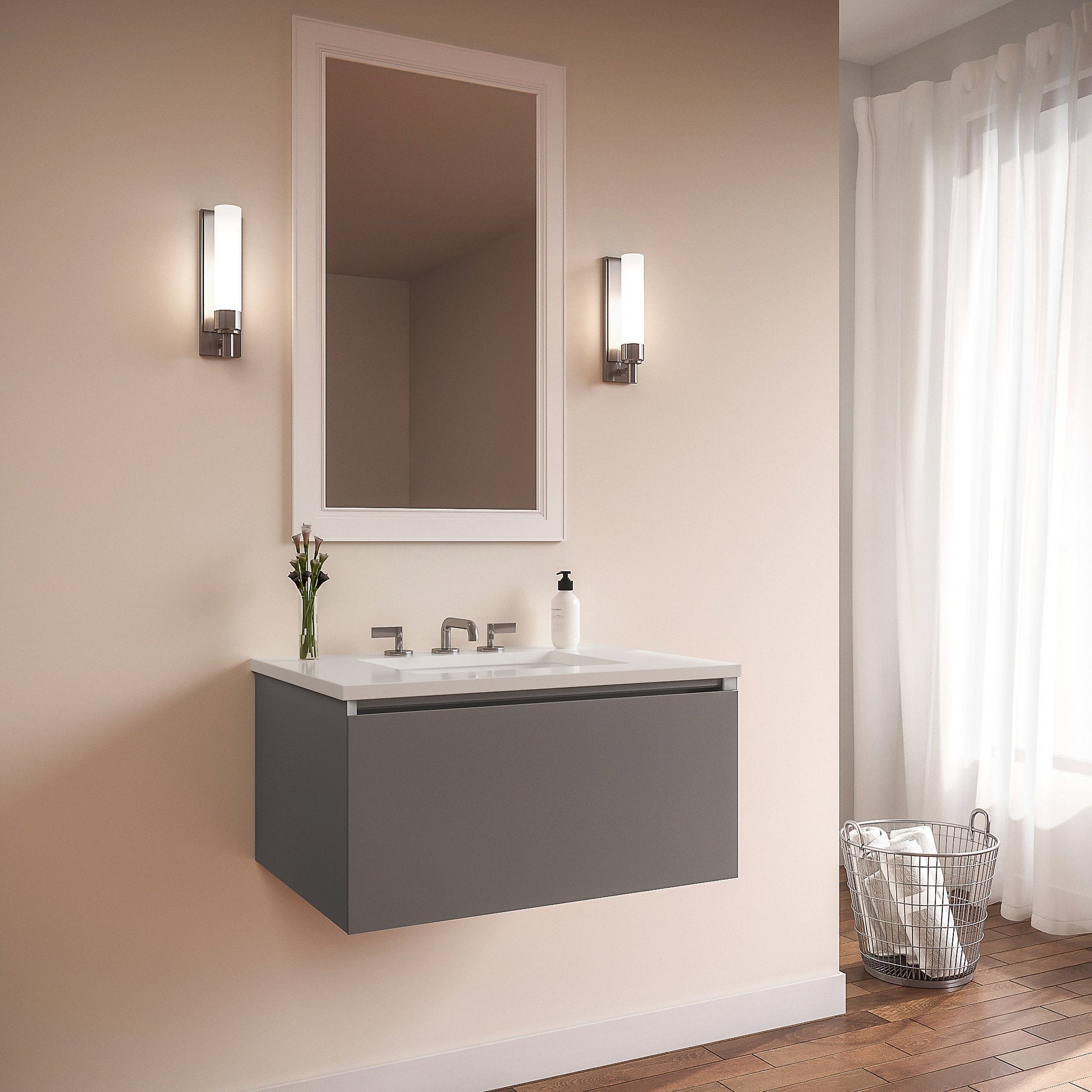 Curated Cartesian 30" x 15" x 21" single drawer vanity in matte gray glass with slow-close plumbing drawer and Engineered Stone 31" vanity top in quartz white (Silestone white storm)