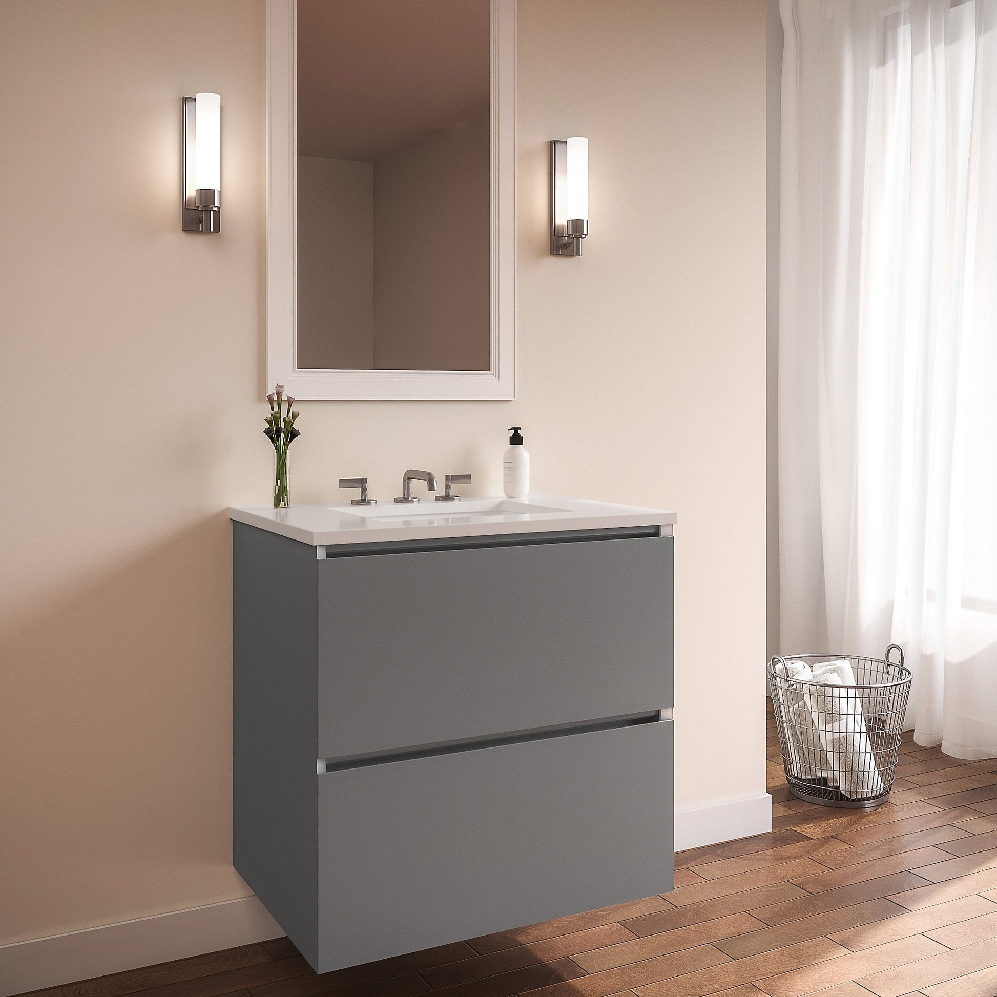 Curated Cartesian 30" x 15" x 21" two drawer vanity in matte gray glass with slow-close plumbing drawer, full drawer and Engineered Stone 31" vanity top in quartz white (Silestone white storm)