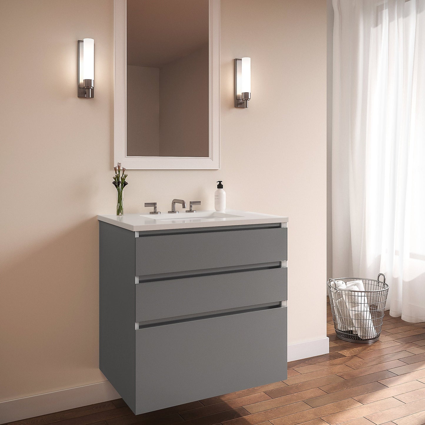 Curated Cartesian 30" x 7-1/2" x 21" and 30" x 15" x 21" three drawer vanity in matte gray glass with tip out drawer, slow-close plumbing drawer, full drawer and Engineered Stone 31" vanity top in quartz white (Silestone white storm)