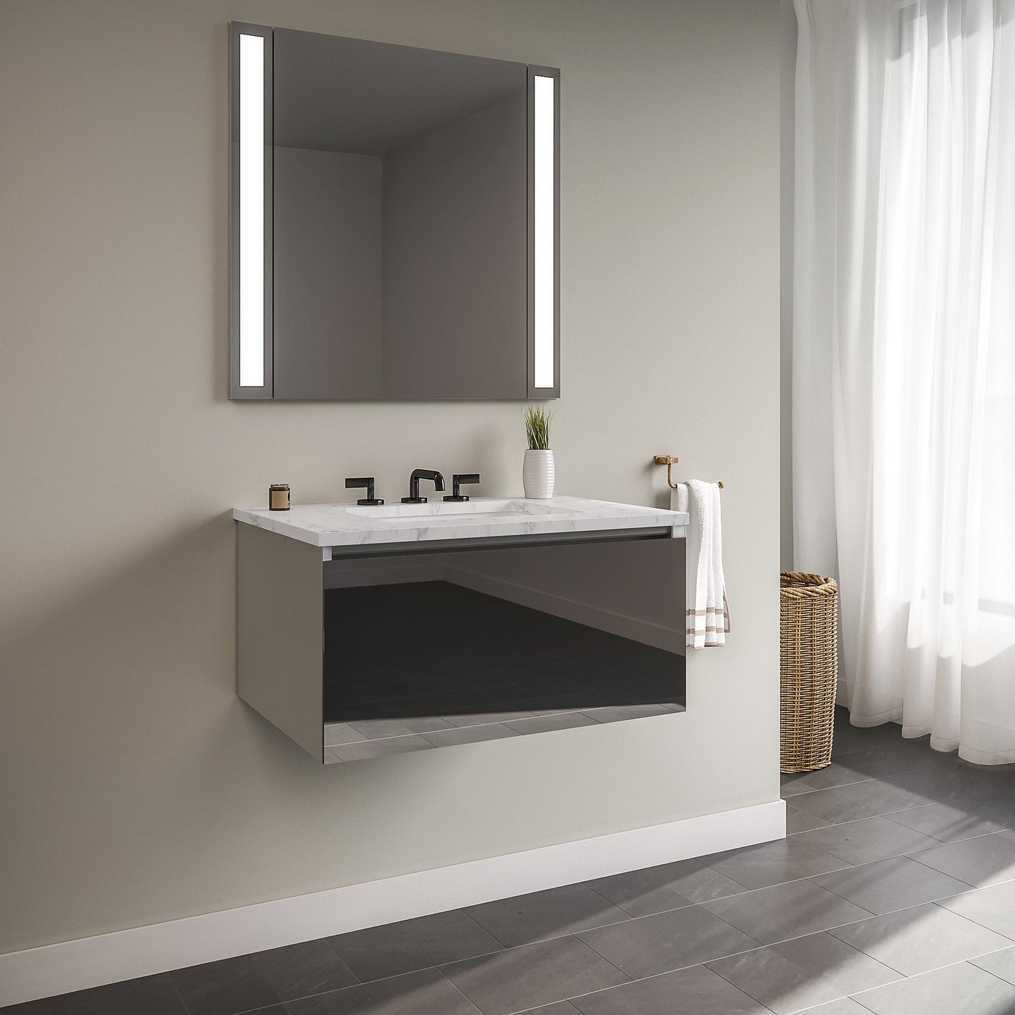 Curated Cartesian 36" x 15" x 21" single drawer vanity in tinted gray mirror glass with slow-close plumbing drawer and Engineered Stone 37" vanity top in Silestone lyra