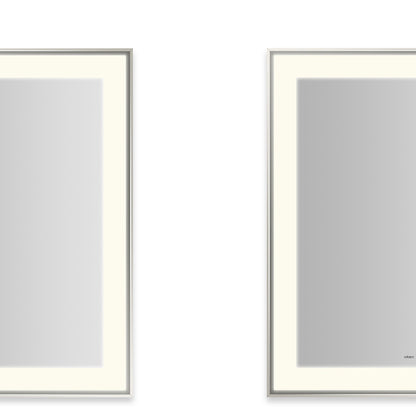 Sculpt 25-1/4?ǥ x 31-1/4?ǥ x 2-1/4" lighted mirror with slim museum frame in polished nickel, perimeter light pattern in 2700K color temperature (warm white), dimmable and defogger, tested and certified to California Title 24 standards and meets JA8 2016 requirements