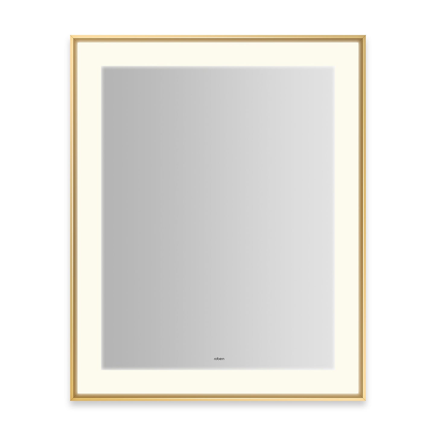 Sculpt 25-1/4?ǥ x 31-1/4?ǥ x 2-1/4" lighted mirror with slim museum frame in matte gold, perimeter light pattern in 2700K color temperature (warm white), dimmable and defogger, tested and certified to California Title 24 standards and meets JA8 2016 requirements
