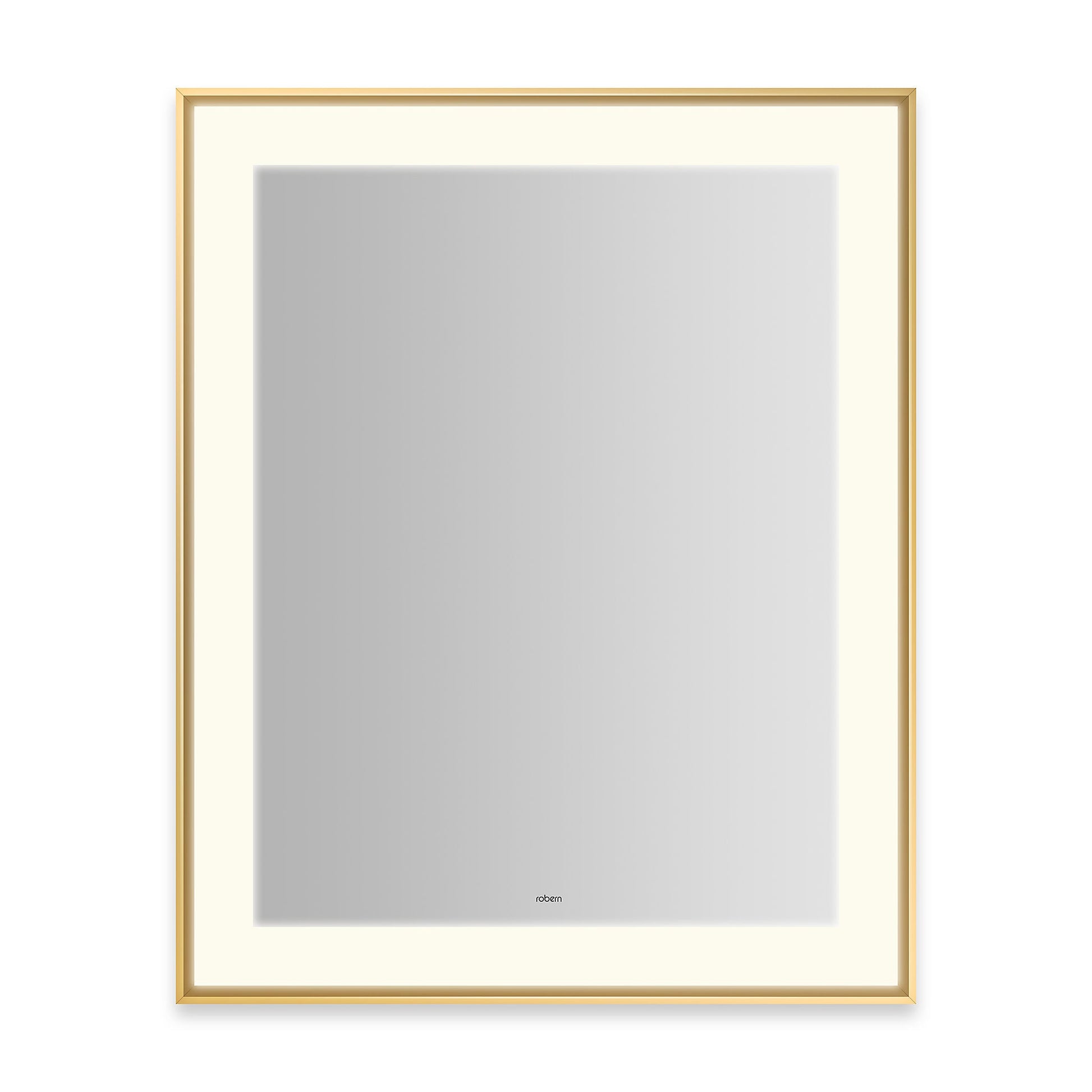 Sculpt 25-1/4?ǥ x 31-1/4?ǥ x 2-1/4" lighted mirror with slim museum frame in matte gold, perimeter light pattern in 2700K color temperature (warm white), dimmable and defogger, tested and certified to California Title 24 standards and meets JA8 2016 requirements