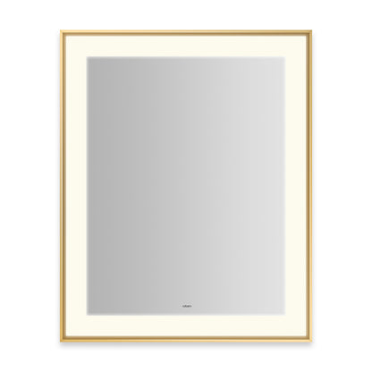 Sculpt 25-1/4?ǥ x 31-1/4?ǥ x 2-1/4" lighted mirror with slim museum frame in matte gold, perimeter light pattern in 2700K color temperature (warm white), dimmable and defogger, tested and certified to California Title 24 standards and meets JA8 2016 requirements