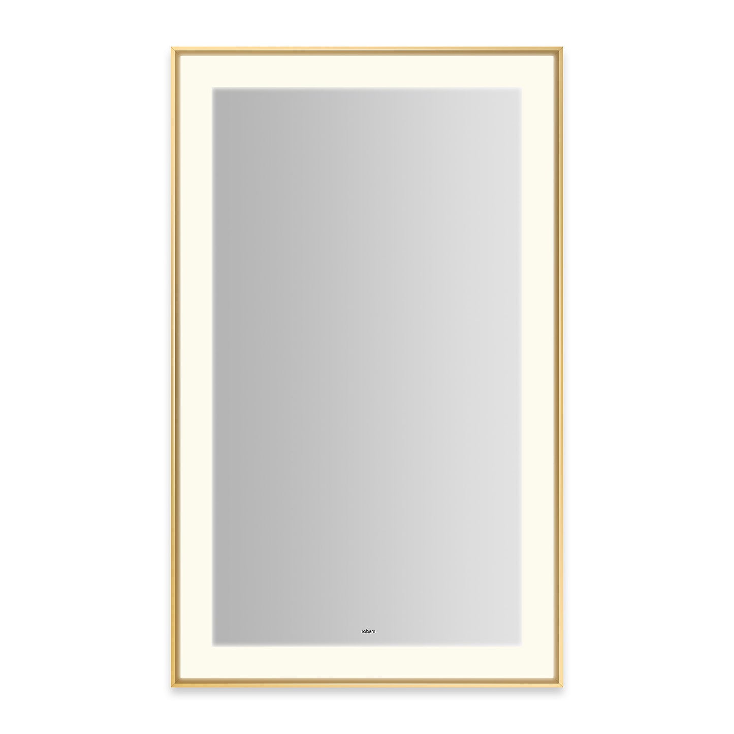Sculpt 25-1/4?ǥ x 41-1/4?ǥ x 2-1/4" lighted mirror with slim museum frame in matte gold, perimeter light pattern in 2700K color temperature (warm white), dimmable and defogger, tested and certified to California Title 24 standards and meets JA8 2016 requirements