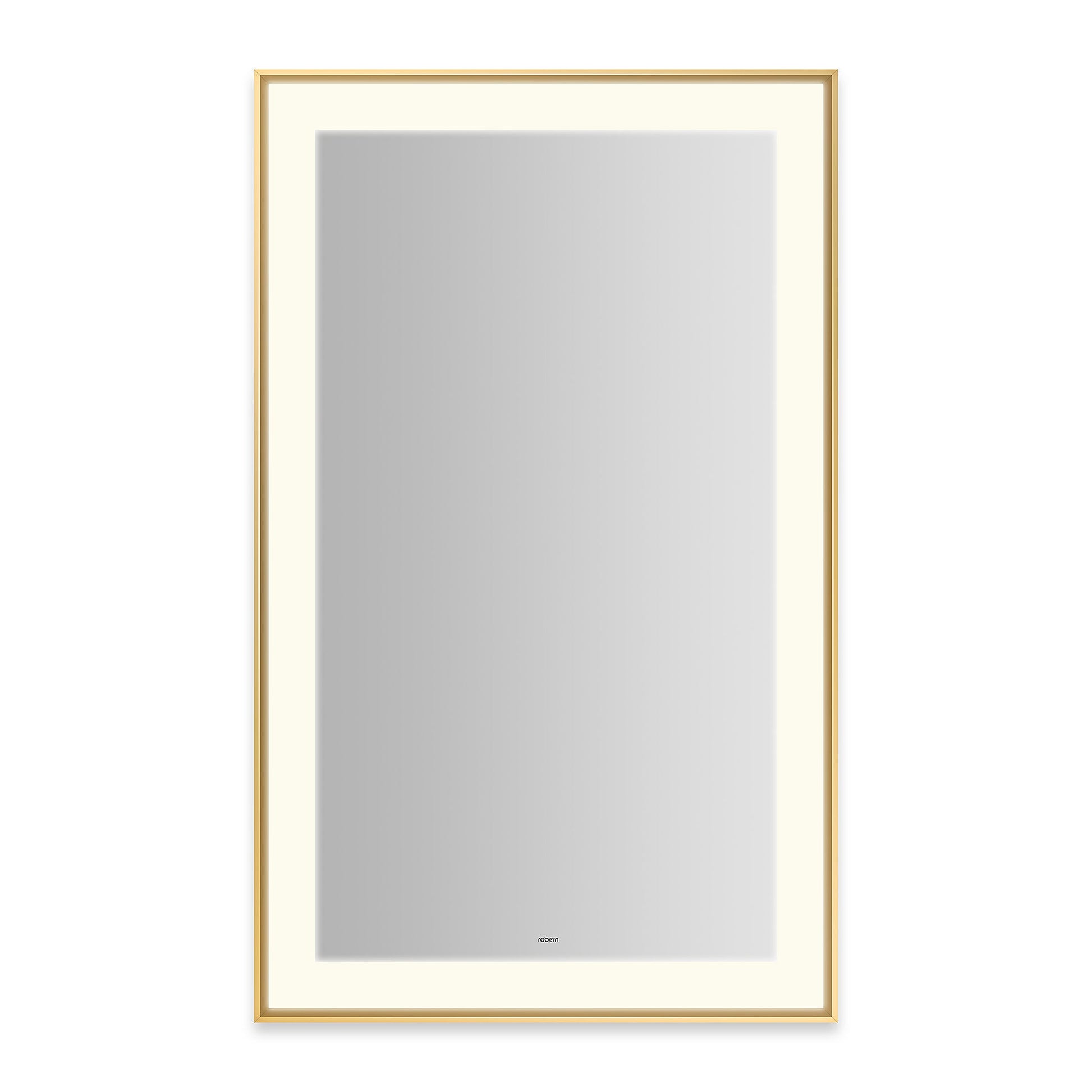 Sculpt 25-1/4?ǥ x 41-1/4?ǥ x 2-1/4" lighted mirror with slim museum frame in matte gold, perimeter light pattern in 2700K color temperature (warm white), dimmable and defogger, tested and certified to California Title 24 standards and meets JA8 2016 requirements