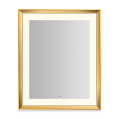 Sculpt 27?ǥ x 33?ǥ x 2-5/16?ǥ lighted mirror with chamfer museum frame in matte gold, perimeter light pattern in 2700K color temperature (warm white), dimmable and defogger, tested and certified to California Title 24 standards and meets JA8 2016 requirements