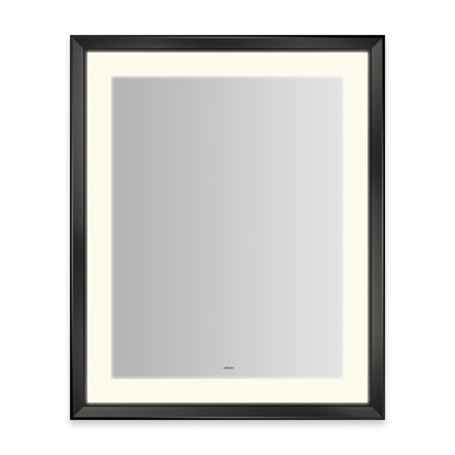 Sculpt 27?ǥ x 33?ǥ x 2-5/16?ǥ lighted mirror with chamfer museum frame in matte black, perimeter light pattern in 2700K color temperature (warm white), dimmable and defogger, tested and certified to California Title 24 standards and meets JA8 2016 requirements