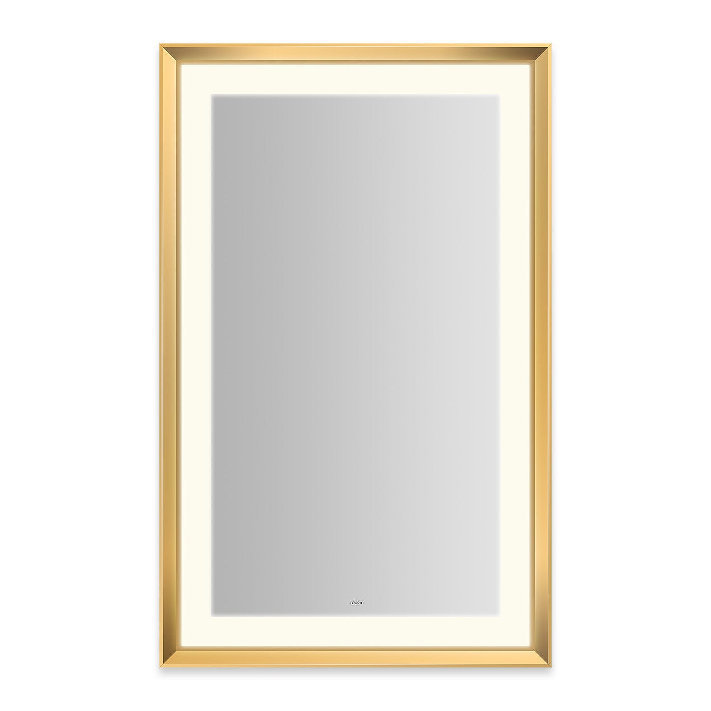 Sculpt 27?ǥ x 43?ǥ x 2-5/16?ǥ lighted mirror with chamfer museum frame in matte gold, perimeter light pattern in 2700K color temperature (warm white), dimmable and defogger, tested and certified to California Title 24 standards and meets JA8 2016 requirements