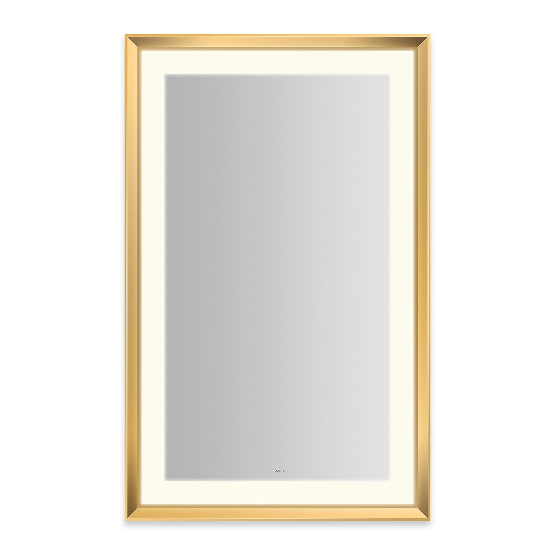 Sculpt 27?ǥ x 43?ǥ x 2-5/16?ǥ lighted mirror with chamfer museum frame in matte gold, perimeter light pattern in 2700K color temperature (warm white), dimmable and defogger, tested and certified to California Title 24 standards and meets JA8 2016 requirements