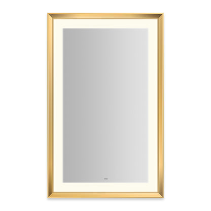 Sculpt 27?ǥ x 43?ǥ x 2-5/16?ǥ lighted mirror with chamfer museum frame in matte gold, perimeter light pattern in 2700K color temperature (warm white), dimmable and defogger, tested and certified to California Title 24 standards and meets JA8 2016 requirements