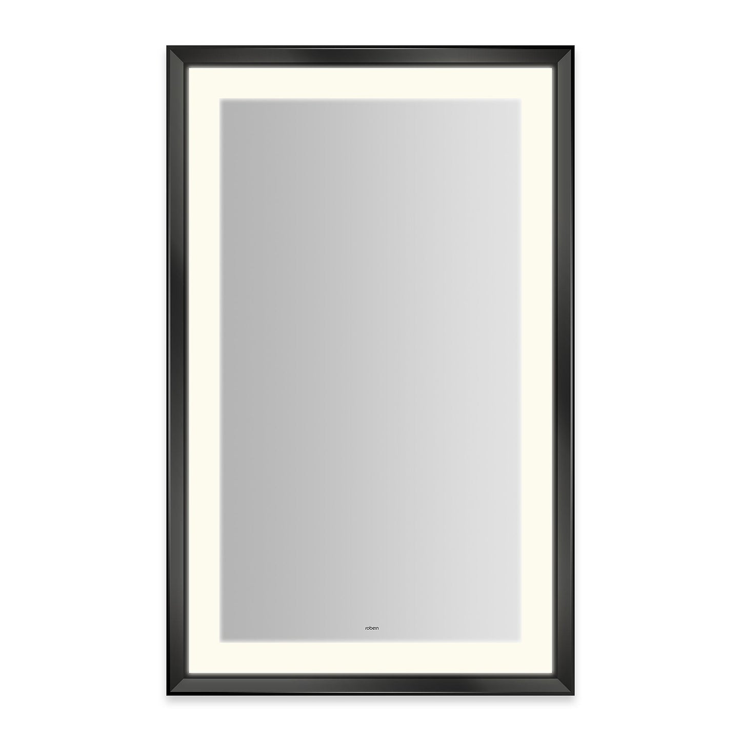 Sculpt 27?ǥ x 43?ǥ x 2-5/16?ǥ lighted mirror with chamfer museum frame in matte black, perimeter light pattern in 2700K color temperature (warm white), dimmable and defogger, tested and certified to California Title 24 standards and meets JA8 2016 requirements