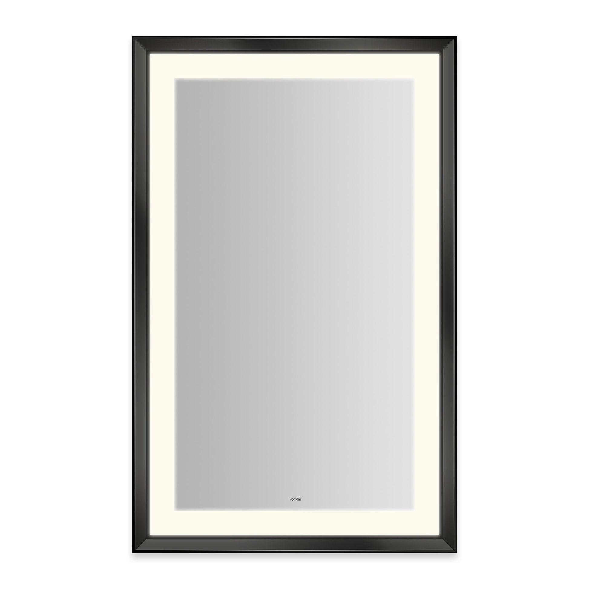 Sculpt 27?ǥ x 43?ǥ x 2-5/16?ǥ lighted mirror with chamfer museum frame in matte black, perimeter light pattern in 2700K color temperature (warm white), dimmable and defogger, tested and certified to California Title 24 standards and meets JA8 2016 requirements