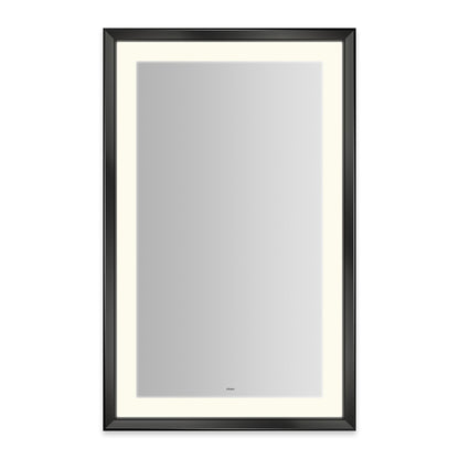 Sculpt 27?ǥ x 43?ǥ x 2-5/16?ǥ lighted mirror with chamfer museum frame in matte black, perimeter light pattern in 2700K color temperature (warm white), dimmable and defogger, tested and certified to California Title 24 standards and meets JA8 2016 requirements