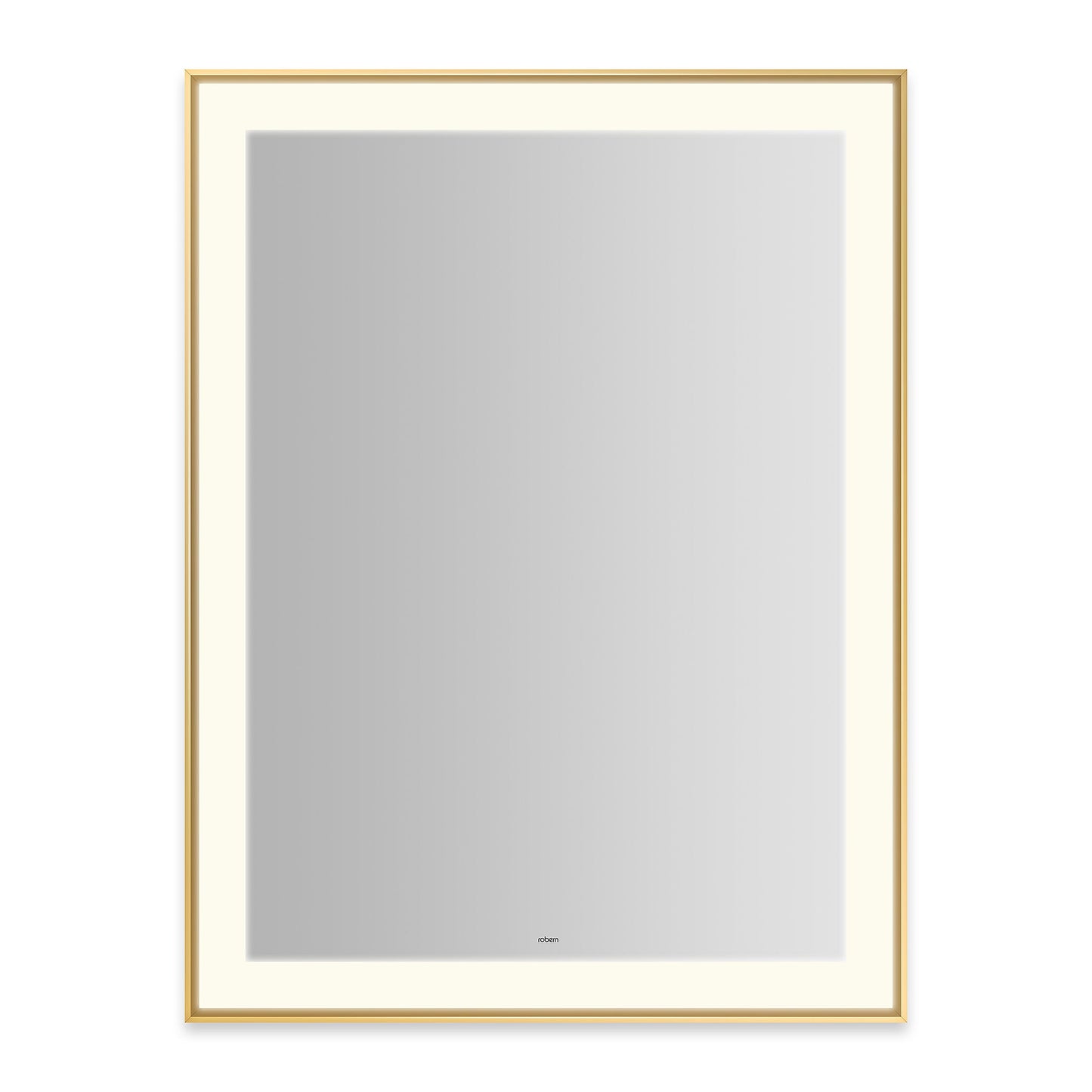 Sculpt 31-1/4?ǥ x 41-1/4?ǥ x 2-1/4" lighted mirror with slim museum frame in matte gold, perimeter light pattern in 2700K color temperature (warm white), dimmable and defogger, tested and certified to California Title 24 standards and meets JA8 2016 requirements