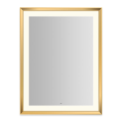 Sculpt 33?ǥ x 43?ǥ x 2-5/16?ǥ lighted mirror with chamfer museum frame in matte gold, perimeter light pattern in 2700K color temperature (warm white), dimmable and defogger, tested and certified to California Title 24 standards and meets JA8 2016 requirements