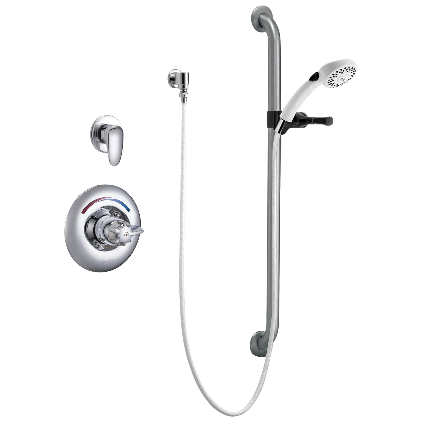 Delta Commercial T13H: Universal Dual Shower Trim, Diverter, Hand Shower, and Grab Bar