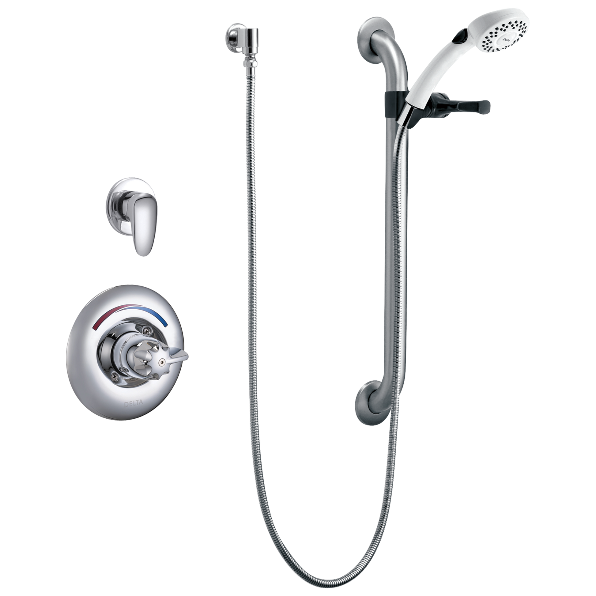 Delta Commercial T13H: Universal Dual Shower Trim, Diverter, Hand Shower, and Grab Bar