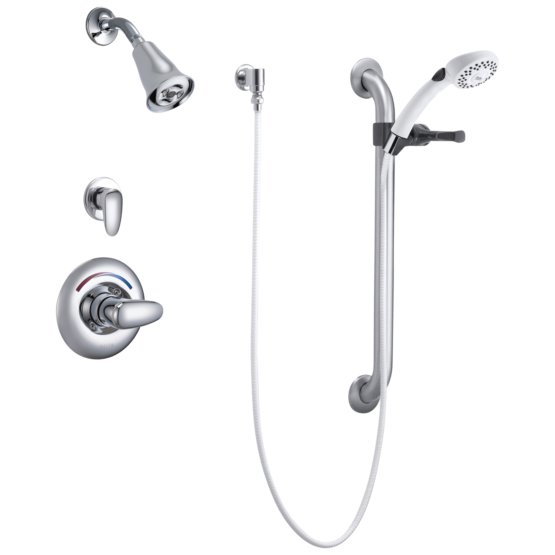 Commercial T13H: Universal Dual Shower Trim, Diverter, Hand Shower, and Grab Bar