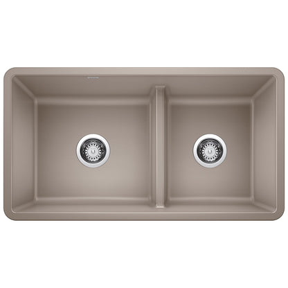 BLANCO 442522 Precis Reversible 1-3/4 Double Bowl Kitchen Sink with Low Divide - Truffle