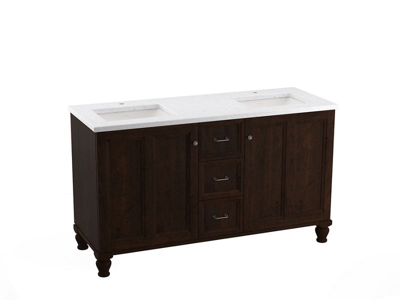 KOHLER K-CM99524-BD1 Damask 60" bathroom vanity cabinet with sinks and quartz top