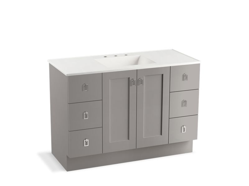 KOHLER K-99535-TKSD-1WT Poplin 48" bathroom vanity cabinet with toe kick, 2 doors and 6 drawers, split top drawers