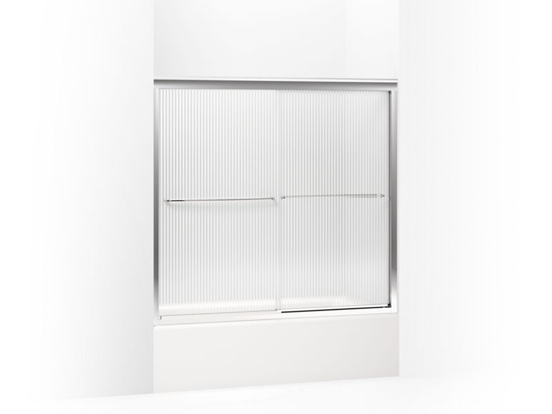 KOHLER 702204-G54-SHP Fluence Sliding Bath Door, 55-3/4" H X 56-5/8 - 59-5/8" W, With 1/4" Thick Falling Lines Glass in Bright Polished Silver