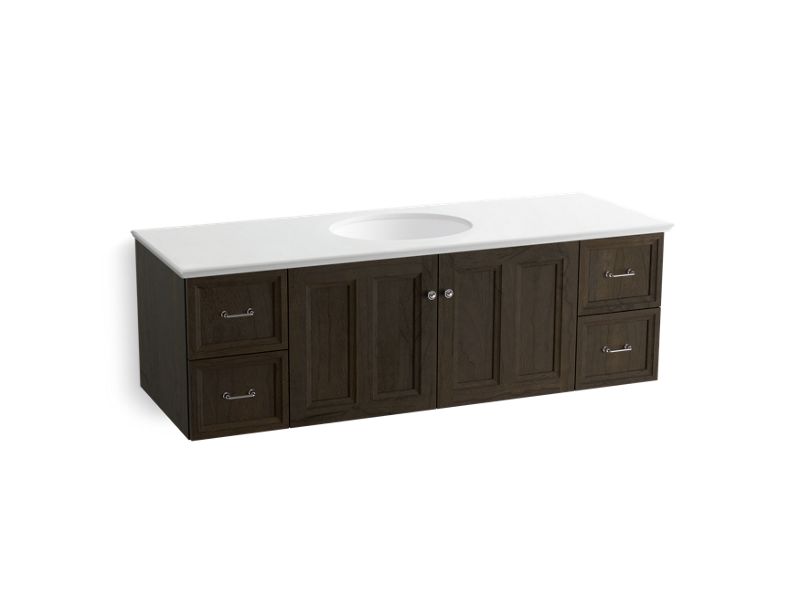 KOHLER K-99523-SD-1WC Damask 60" wall-hung bathroom vanity cabinet with 2 doors and 4 drawers, split top drawer