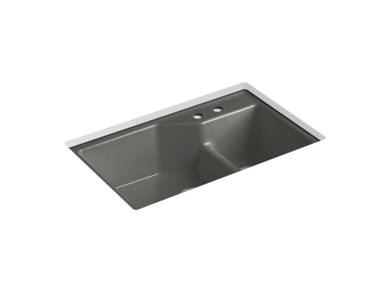 KOHLER K-6411-2 Indio 33" x 21-1/8" x 9-3/4" Smart Divide undermount large/small double-bowl workstation kitchen sink with 2 faucet holes