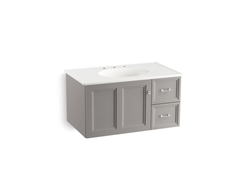 KOHLER K-99520-R-1WT Damask 36" wall-hung bathroom vanity cabinet with 1 door and 2 drawers on right