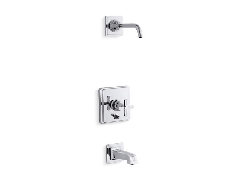 KOHLER T13133-3BL-CP Pinstripe Rite-Temp(R) Bath And Shower Trim Set With Push-Button Diverter And Cross Handle, Less Showerhead in Polished Chrome