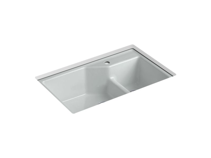 KOHLER K-6411-1 Indio 33" x 21-1/8" x 9-3/4" Smart Divide undermount large/small double-bowl workstation kitchen sink with single faucet hole