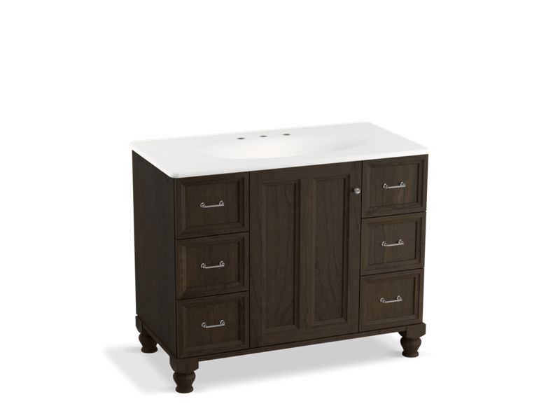 KOHLER K-99563-LG-1WC Damask 42" bathroom vanity cabinet with furniture legs, 1 door and 6 drawers