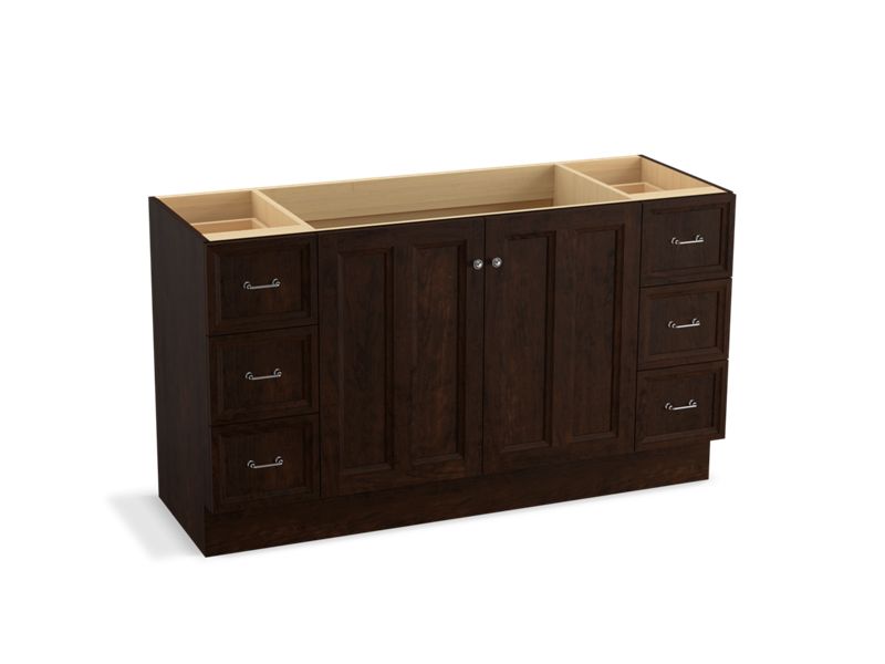 KOHLER K-99523-TKSD-1WB Damask 60" bathroom vanity cabinet with toe kick, 2 doors and 6 drawers, split top drawers