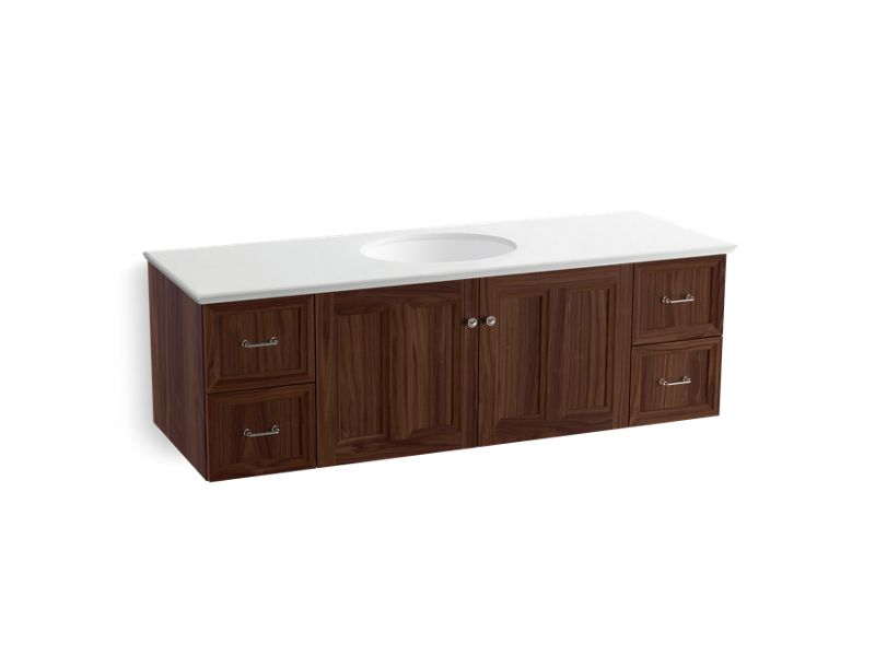 KOHLER K-99523-SD-1WE Damask 60" wall-hung bathroom vanity cabinet with 2 doors and 4 drawers, split top drawer
