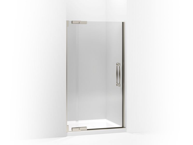 KOHLER 705739-L-NX Finial Pivot Shower Door, 72-1/4" H X 39-1/4 - 41-3/4" W, With 1/2" Thick Crystal Clear Glass in Brushed Nickel Anodized