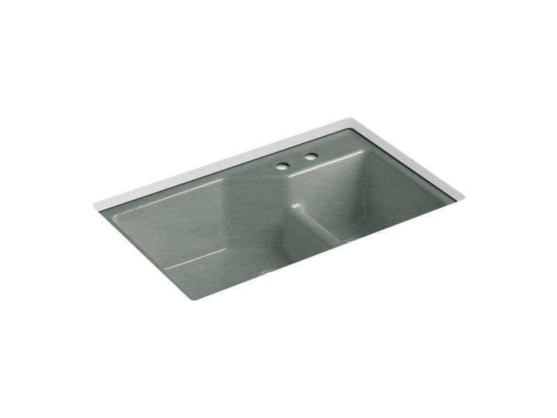 KOHLER K-6411-2 Indio 33" x 21-1/8" x 9-3/4" Smart Divide undermount large/small double-bowl workstation kitchen sink with 2 faucet holes