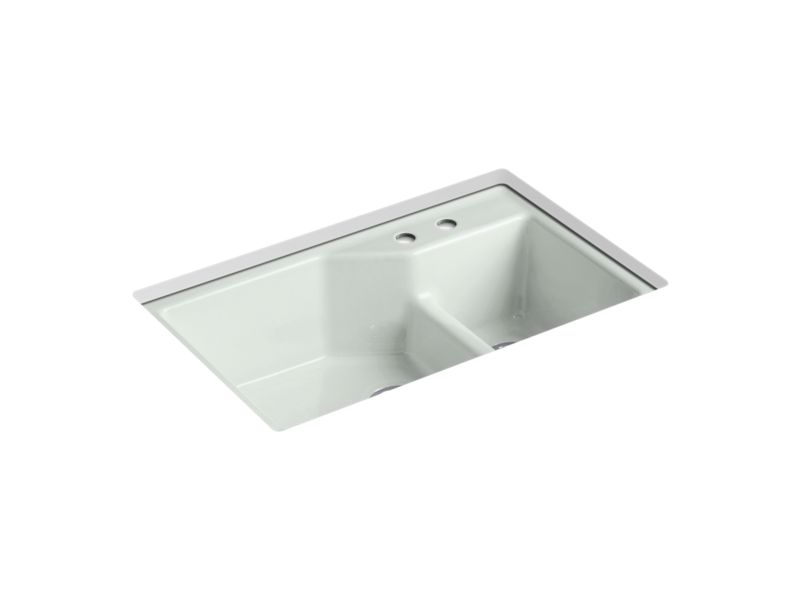 KOHLER K-6411-2 Indio 33" x 21-1/8" x 9-3/4" Smart Divide undermount large/small double-bowl workstation kitchen sink with 2 faucet holes