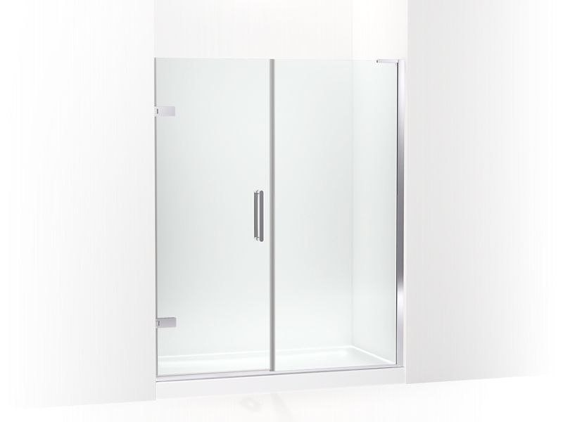 KOHLER 27616-10L-SHP Composed 57-1/4"?Çô58" W X 71-1/2" H Frameless Pivot Shower Door With 3/8" Crystal Clear Glass And Back-To-Back Vertical Door Pulls in Bright Polished Silver
