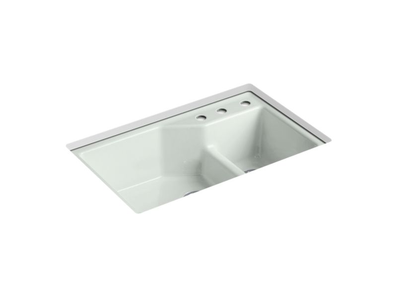 KOHLER K-6411-3 Indio 33" x 21-1/8" x 9-3/4" Smart Divide undermount double-bowl large/small workstation kitchen sink with three-hole faucet holes