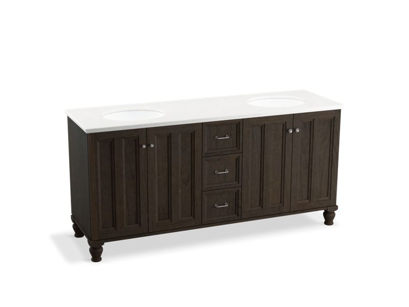KOHLER K-99525-LGSD-1WC Damask 72" bathroom vanity cabinet with furniture legs, 4 doors and 3 drawers, split top drawer