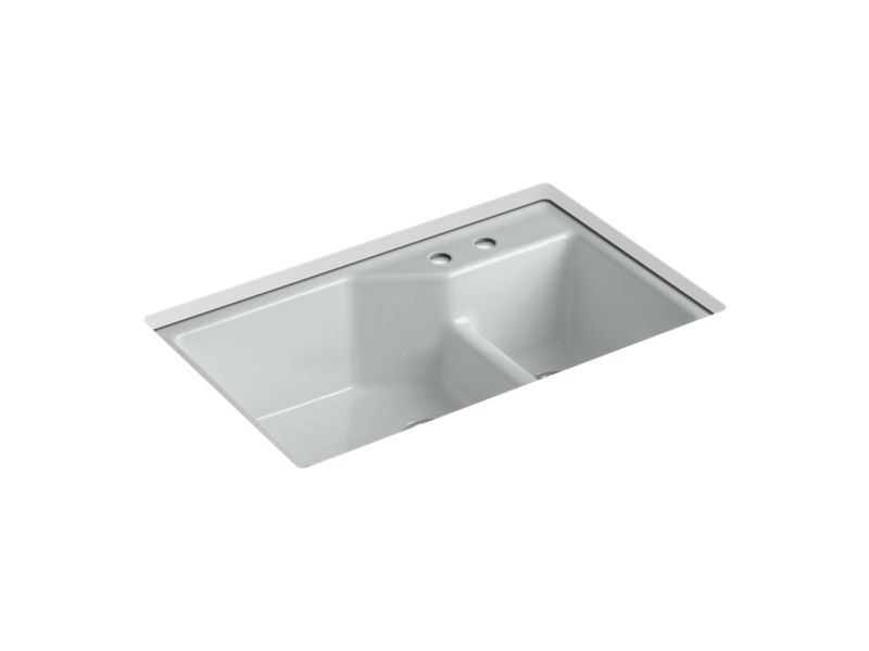 KOHLER K-6411-2 Indio 33" x 21-1/8" x 9-3/4" Smart Divide undermount large/small double-bowl workstation kitchen sink with 2 faucet holes