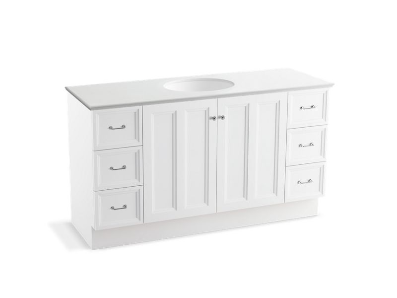 KOHLER K-99523-TKSD-1WA Damask 60" bathroom vanity cabinet with toe kick, 2 doors and 6 drawers, split top drawers