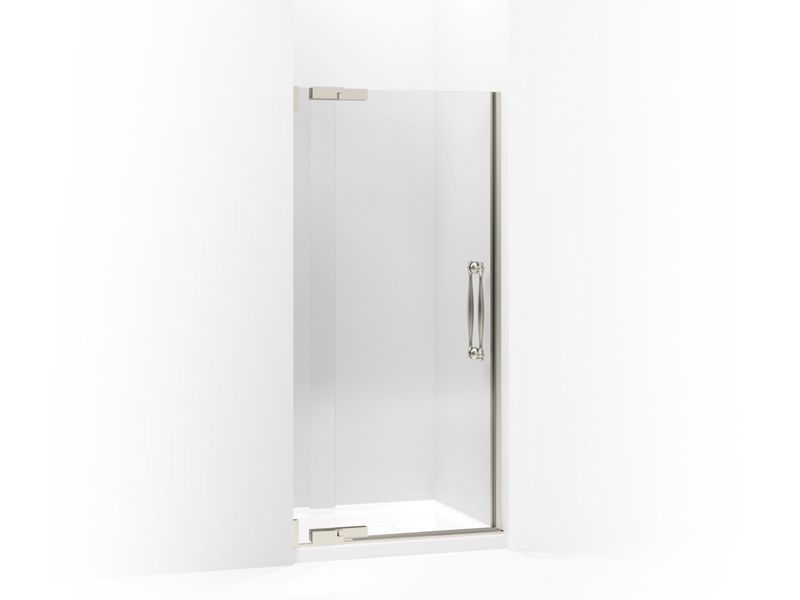KOHLER 705726-L-NX Finial Pivot Shower Door, 72-1/4" H X 36-1/4 - 38-3/4" W, With 3/8" Thick Crystal Clear Glass in Brushed Nickel Anodized