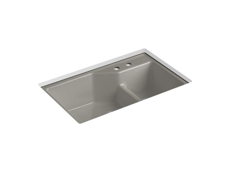 KOHLER K-6411-2 Indio 33" x 21-1/8" x 9-3/4" Smart Divide undermount large/small double-bowl workstation kitchen sink with 2 faucet holes