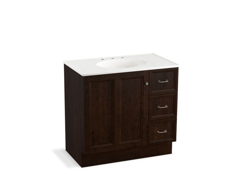 KOHLER K-99520-TKR-1WB Damask 36" bathroom vanity cabinet with toe kick, 1 door and 3 drawers on right