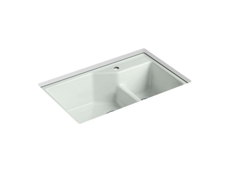 KOHLER K-6411-1 Indio 33" x 21-1/8" x 9-3/4" Smart Divide undermount large/small double-bowl workstation kitchen sink with single faucet hole