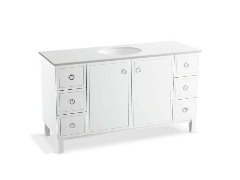 KOHLER K-99510-LGSD-1WA Jacquard 60" bathroom vanity cabinet with furniture legs, 2 doors and 6 drawers, split top drawers